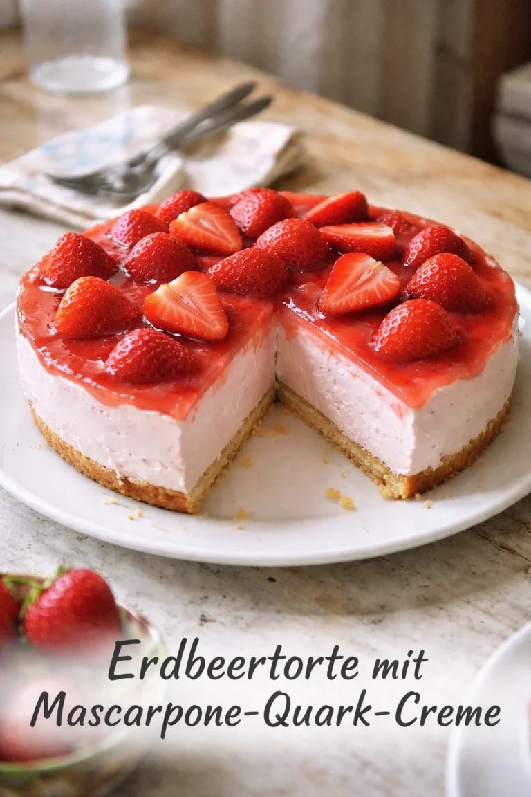 Erdbeertorte mit Mascarpone-Quark-Creme auf einem weißen Teller