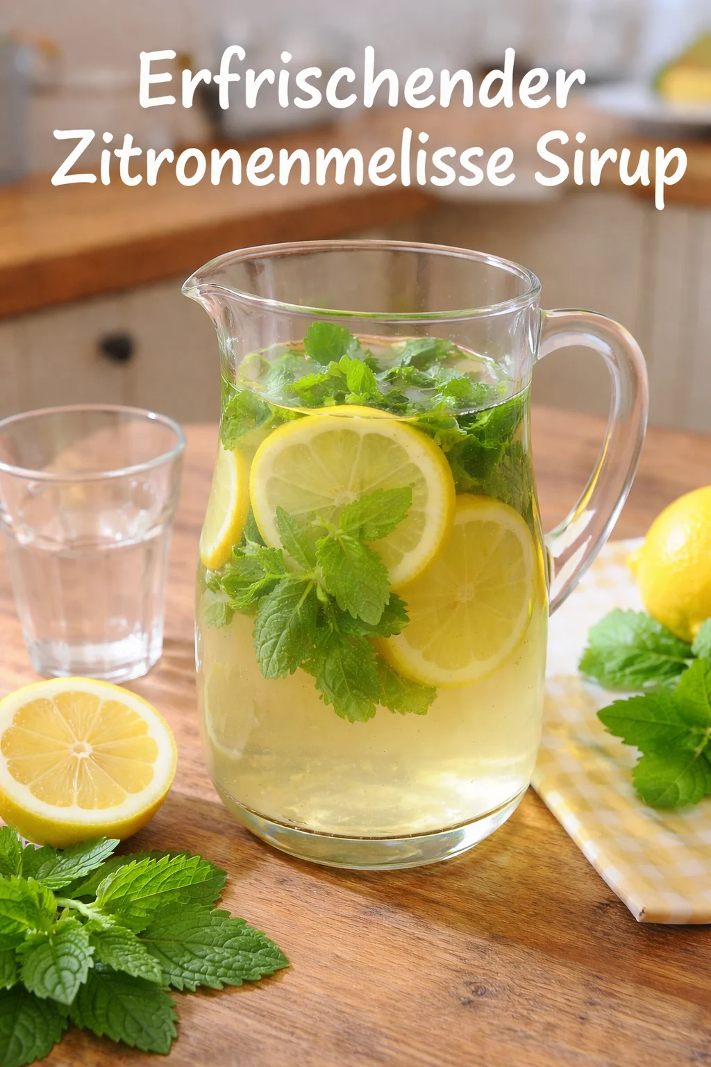 Erfrischender Zitronenmelisse Sirup in einer Glasflasche und frischen Blättern