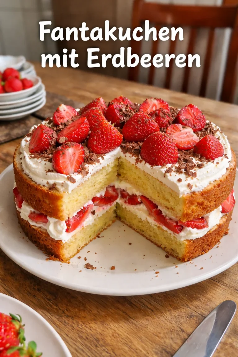 Fantakuchen mit Erdbeeren auf einem Teller serviert