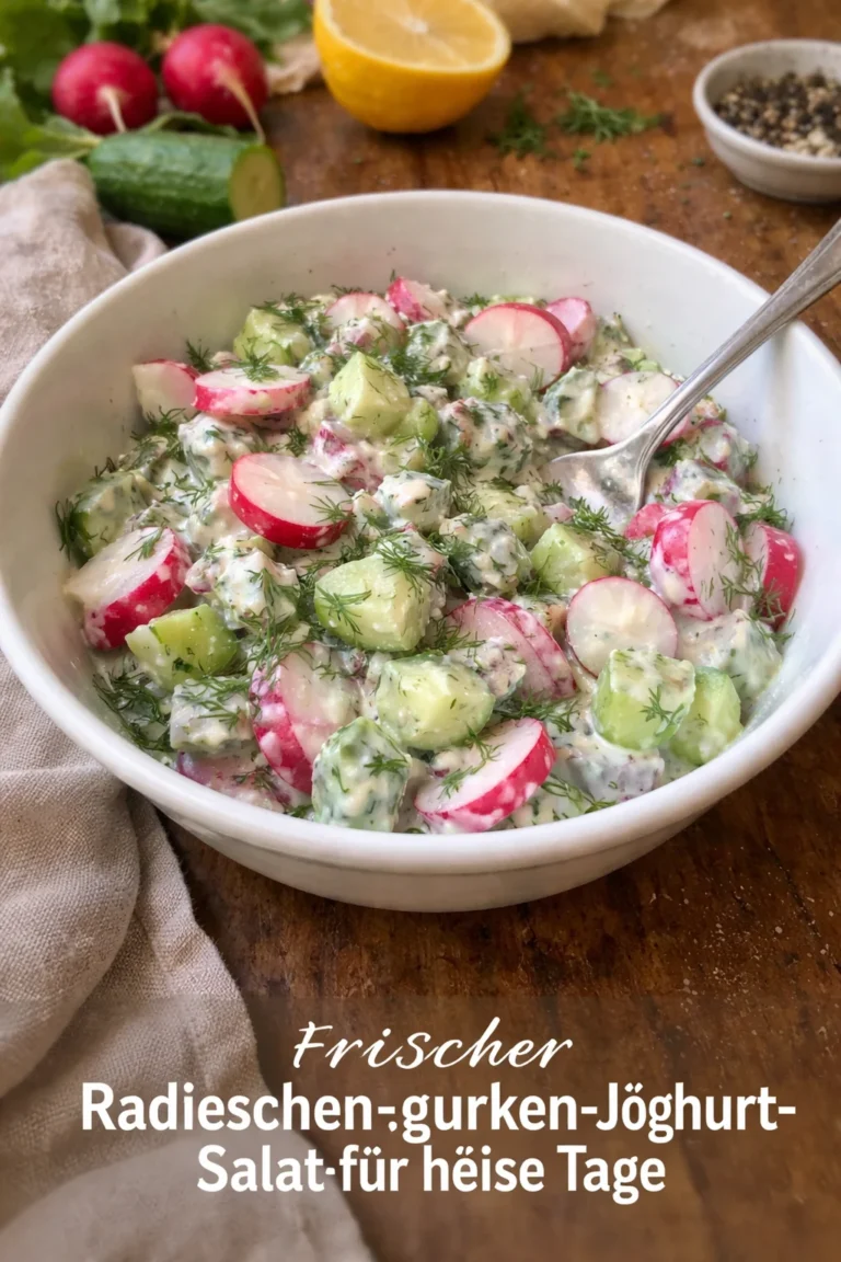 Frischer Radieschen-Gurken-Joghurt-Salat auf einem Teller