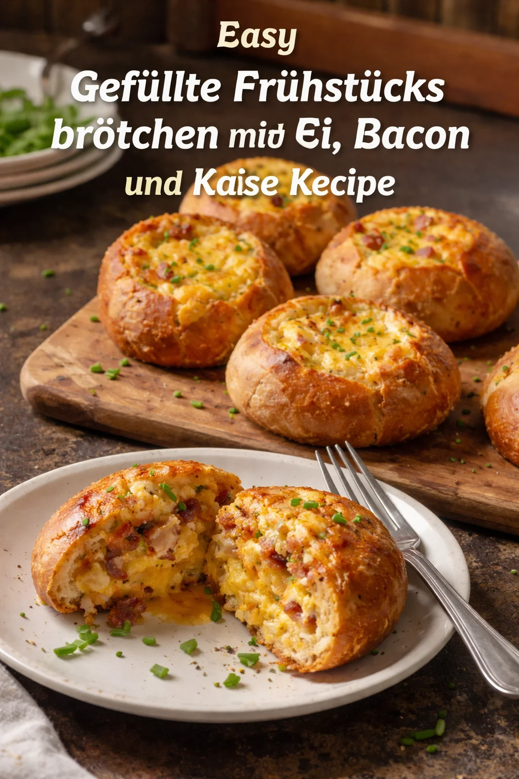 Gefüllte Frühstücksbrötchen mit Ei, Bacon und Käse für ein köstliches Frühstück