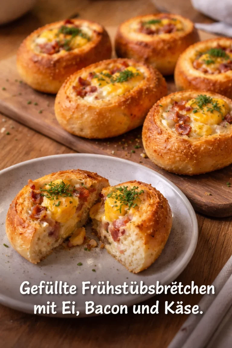 Gefüllte Frühstücksbrötchen mit Ei, Bacon und Käse frisch aus dem Ofen