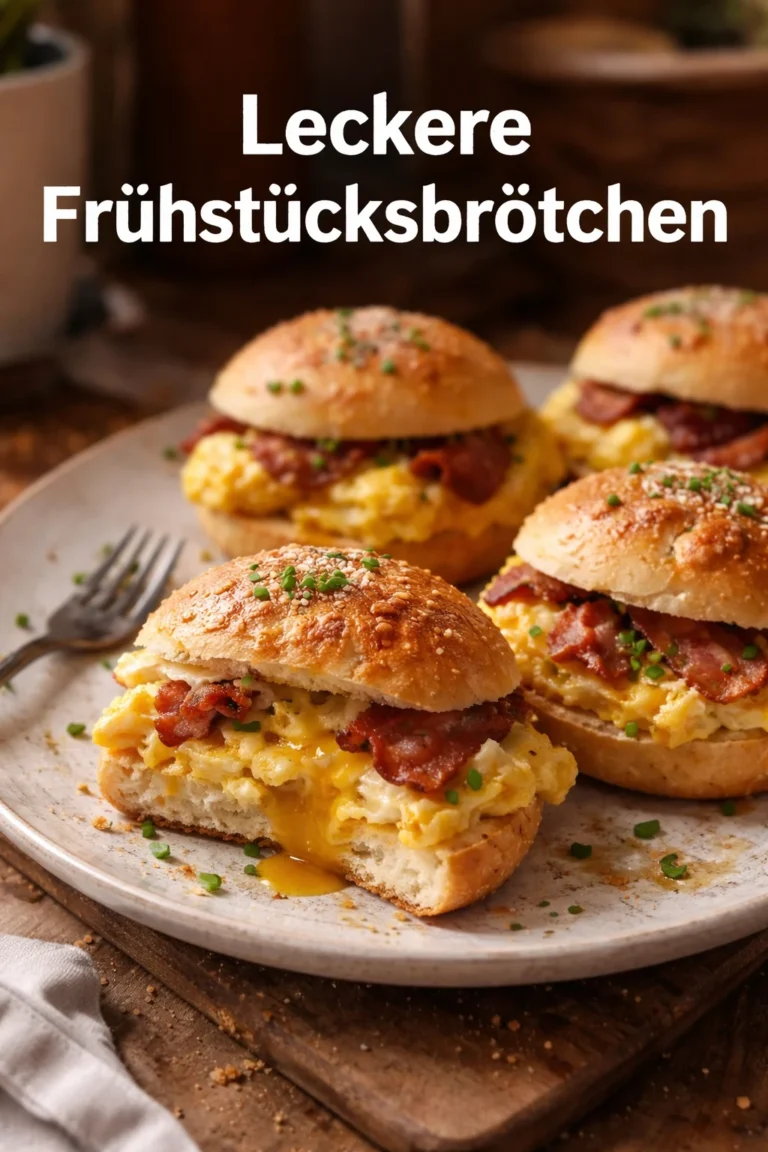 Gefüllte Frühstücksbrötchen mit Ei, Bacon und Käse auf einem Holzbrett