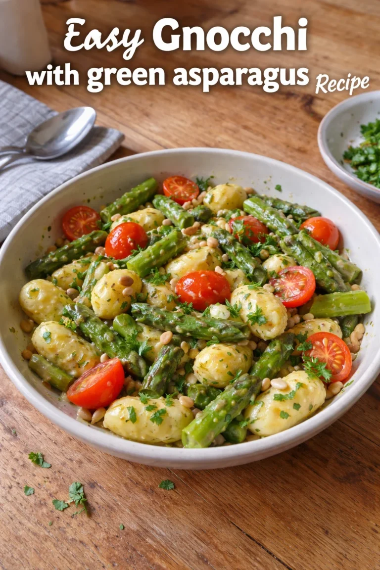 Gnocchi mit grünem Spargel auf einem Teller, angerichtet mit Kräutern.
