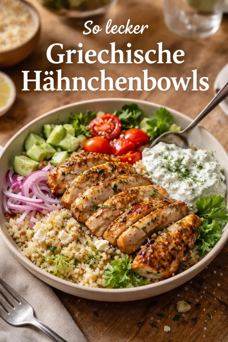 Griechische Hähnchenbowls mit frischen Zutaten und aromatischen Gewürzen