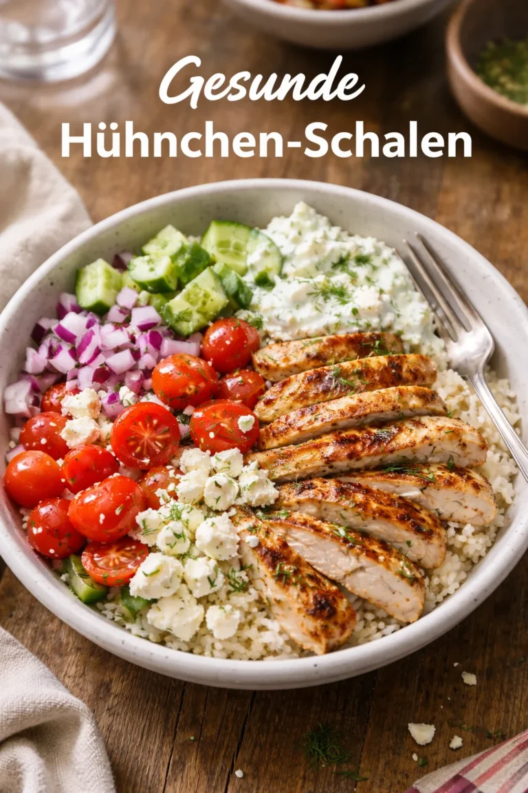 Griechische Hühnchen-Schalen mit frischen Zutaten und Gewürzen
