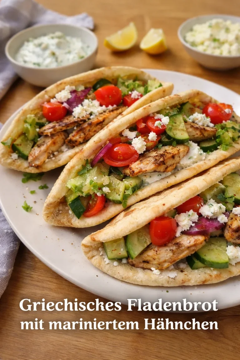 Griechisches Fladenbrot mit mariniertem Hähnchen auf einem Teller serviert
