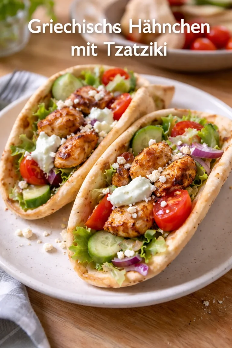 Griechisches Hähnchen mit Tzatziki auf einem Teller angerichtet