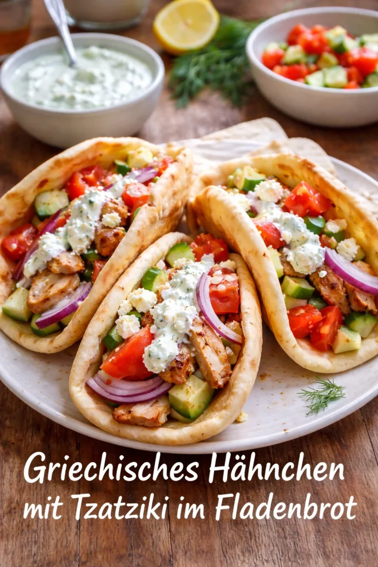 Griechisches Hähnchen mit Tzatziki und frischem Fladenbrot auf einem Teller