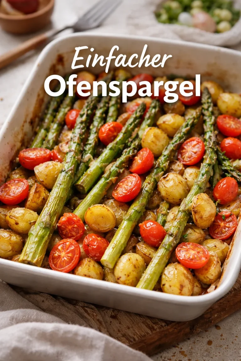 Gericht aus grünem Spargel, Kartoffeln und Kirschtomaten im Backofen zubereitet