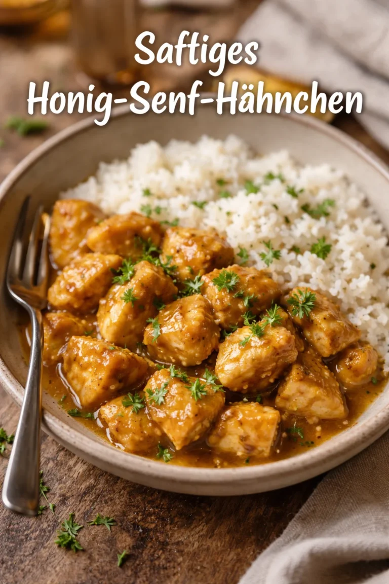 Hähnchenstücke in einer leckeren Honig-Senf-Sauce serviert