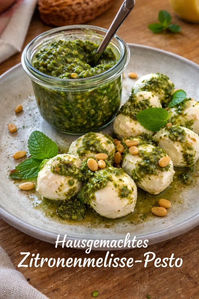 Schüssel mit hausgemachtem Zitronenmelisse-Pesto auf einem Tisch