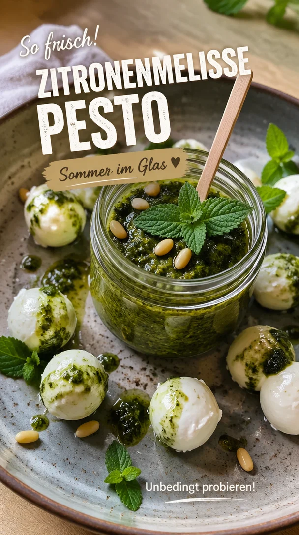 Hausgemachtes Zitronenmelisse-Pesto in einem Glas mit frischen Kräutern