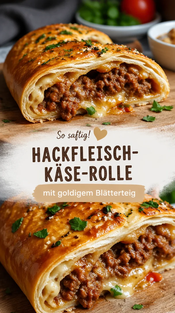Herzhafte Hackfleisch-Käse-Rolle mit Blätterteig aus dem Ofen