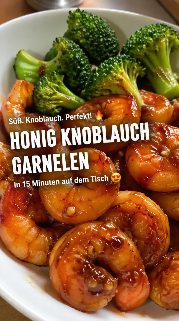 High-Protein Honig Knoblauch Garnelen auf einem Teller serviert.