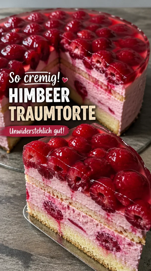 Himbeer-Sahne-Torte mit fruchtiger Himbeerschicht und cremiger Sahne
