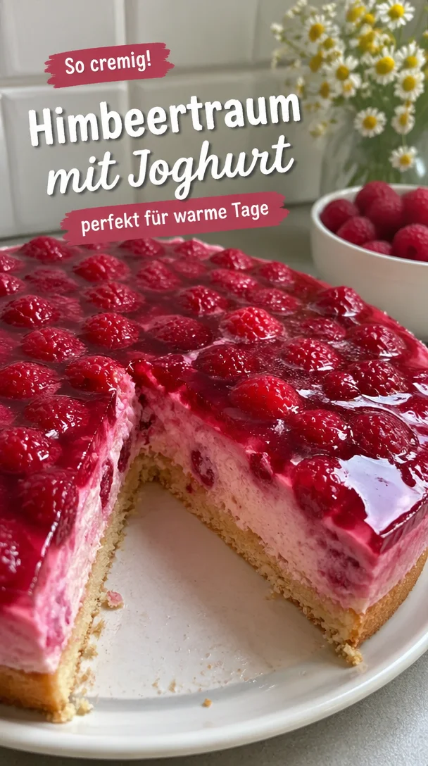 Himbeertorte mit Joghurt-Sahne-Creme auf einem eleganten Dessertteller