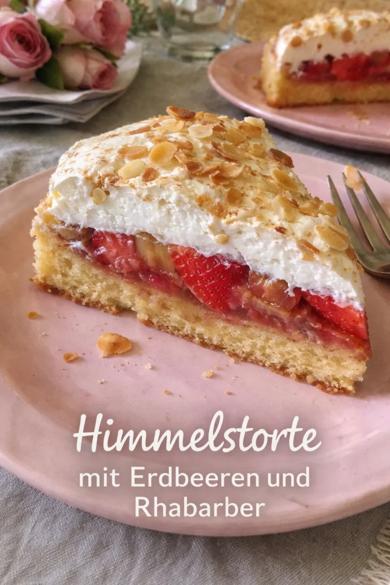 Himmelstorte mit Erdbeeren und Rhabarber auf einem Teller