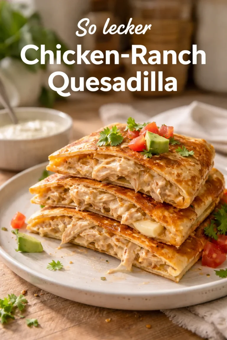 Hochprotein-Chicken-Ranch-Quesadilla mit zartem Hühnchen und würzigem Käse