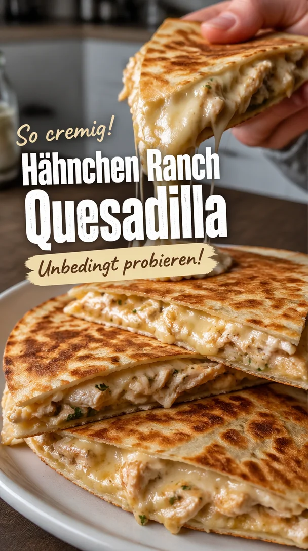 Hohe Protein Hähnchen Ranch Quesadilla auf einem Teller mit frischen Zutaten