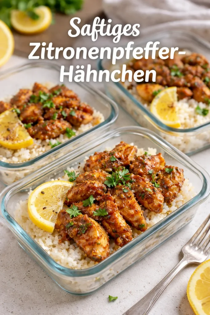 Köstliches Zitronenpfefferhähnchen, proteinreich und kalorienarm auf einem Teller serviert.
