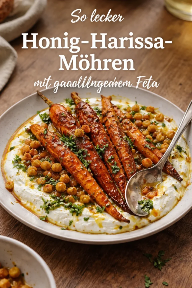Honig-Harissa-Möhren mit geschlagenem Feta auf einem Teller serviert.