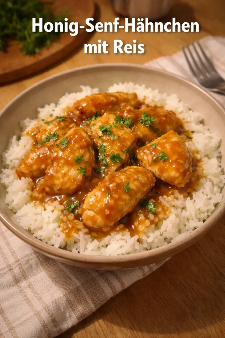 Honig-Senf-Hähnchen mit Reis auf dem Teller serviert