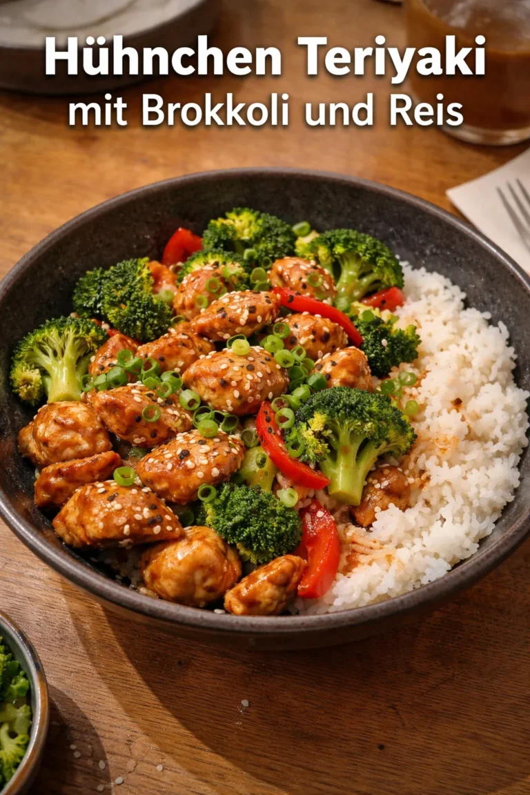 Leckeres Hühnchen Teriyaki serviert mit Brokkoli und Reis