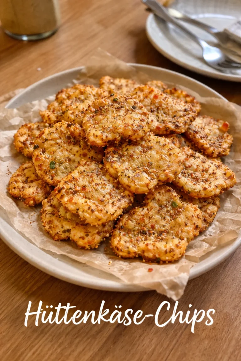 Kross gebackene Hüttenkäse-Chips auf einem Holzbrett serviert.
