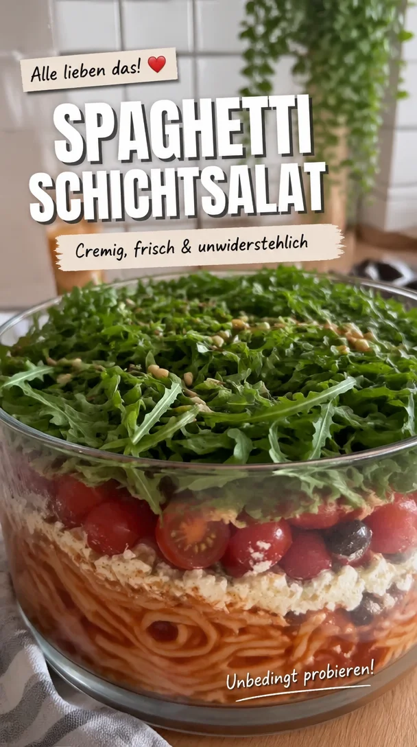 Italienischer Spaghetti-Schichtsalat in einer bunten Schichtdarstellung