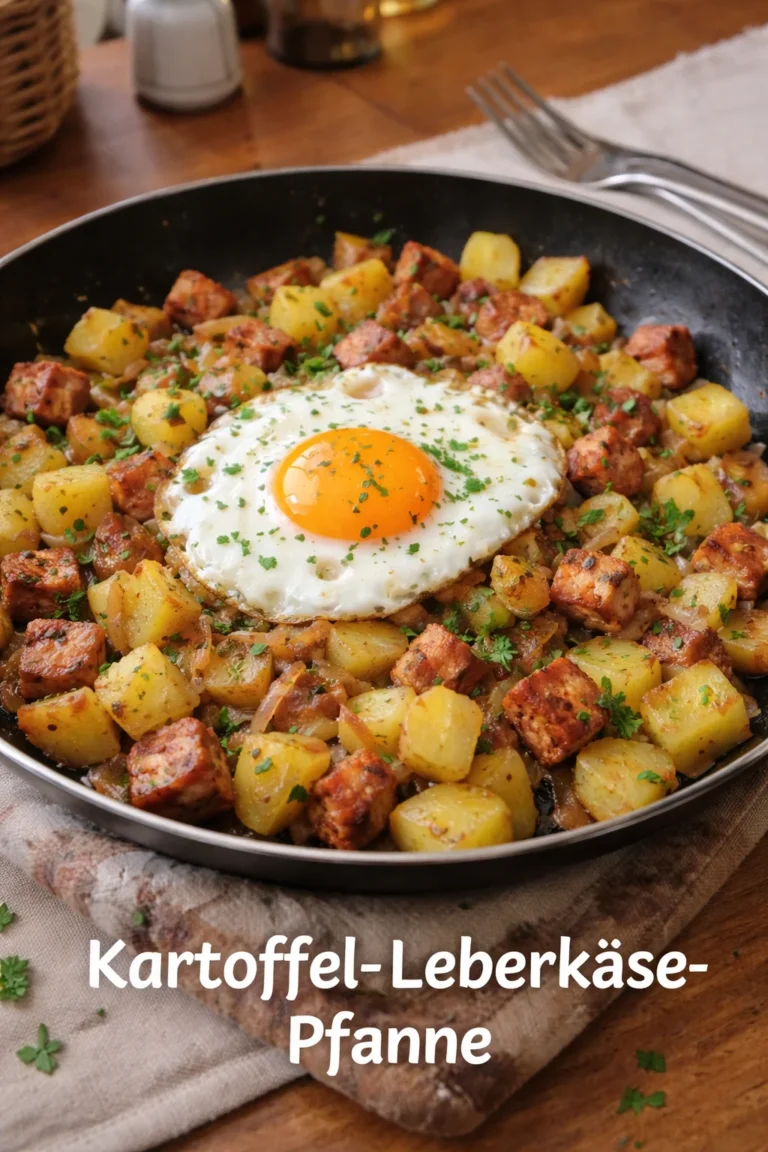 Leckere Kartoffel-Leberkäse-Pfanne auf einem Teller serviert