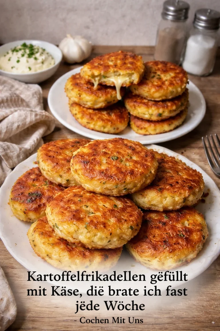 Kartoffelfrikadellen gefüllt mit Käse auf einem Teller angerichtet
