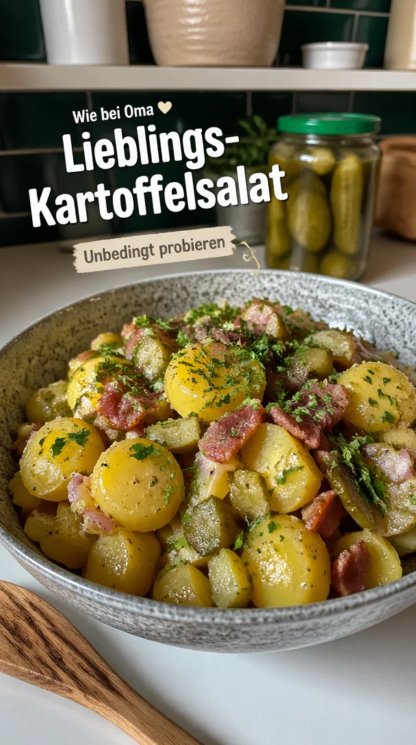 Ein bunt dekorierter Kartoffelsalat in einer Schüssel, ideal für Feiern