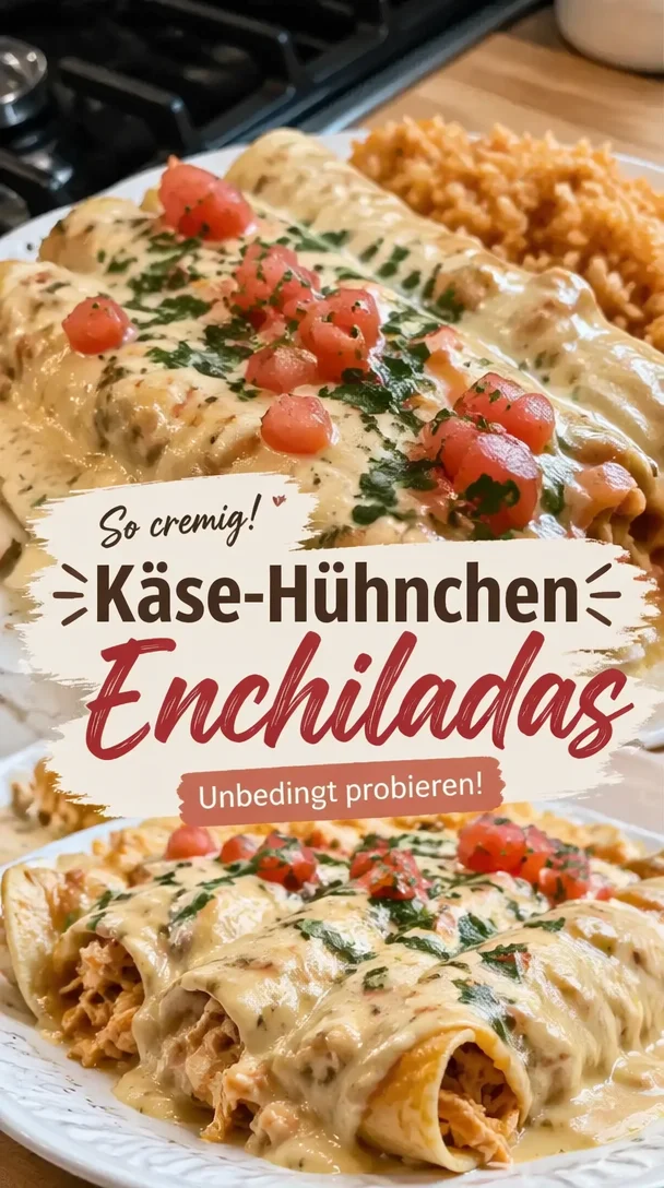 Käse-Hühnchen-Enchiladas auf einem Teller, garniert mit frischen Kräutern
