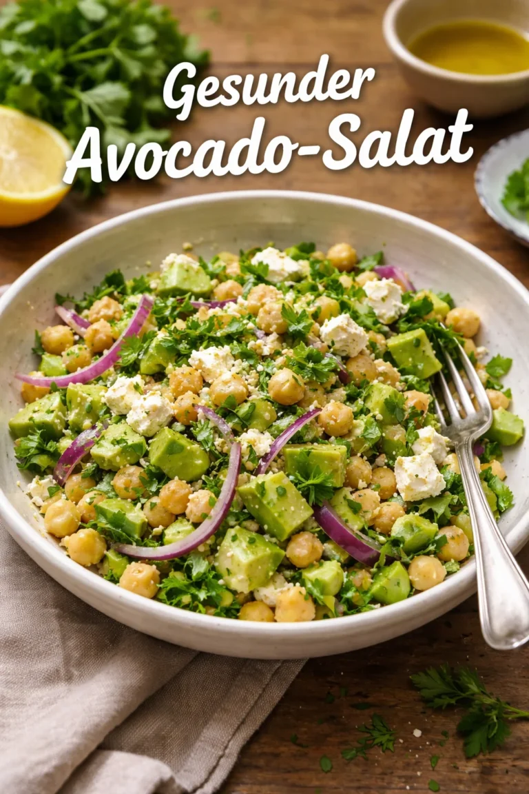 Kichererbsen-Feta-Avocado-Salat auf einem Teller, frisch angerichtet.