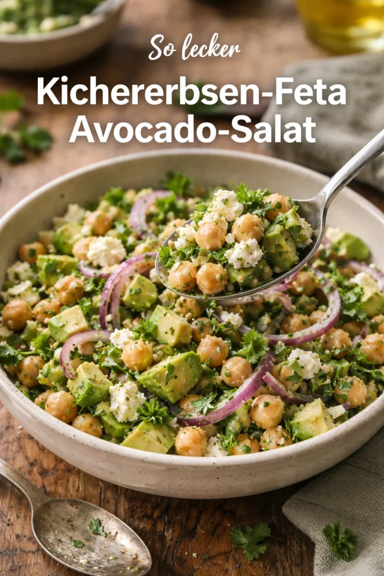 Kichererbsen-Feta-Salat mit Avocado auf einem Teller angerichtet