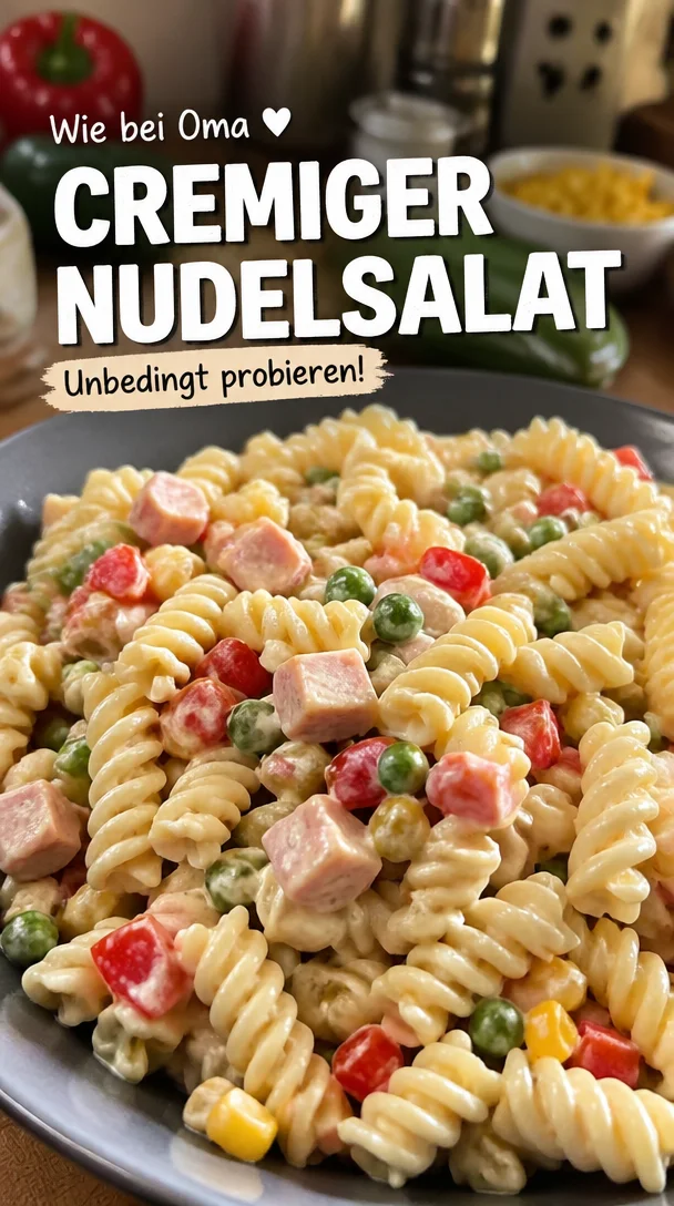 Klassischer Nudelsalat mit frischen Zutaten und würziger Soße