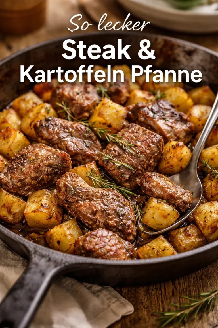 Knoblauchbutter Steak mit Kartoffeln in einer Pfanne zubereitet.