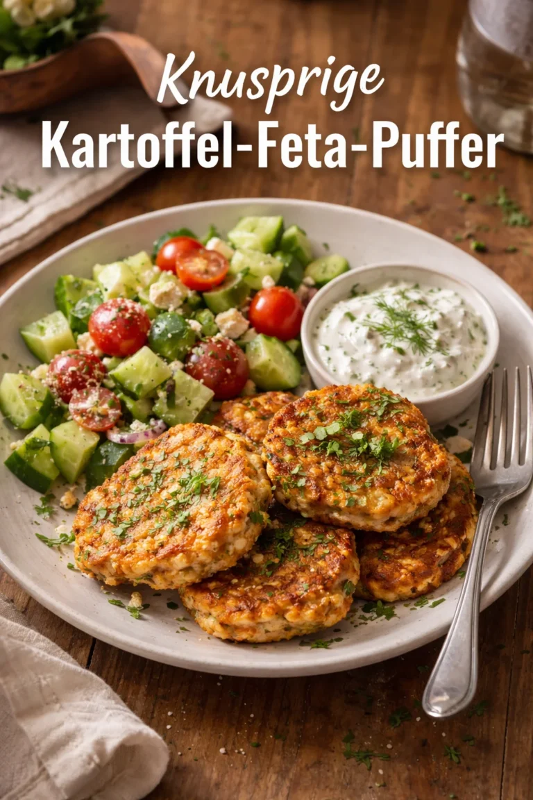 Knusprige Kartoffel-Feta-Puffer auf einem Teller, ideal als Snack oder Beilage.
