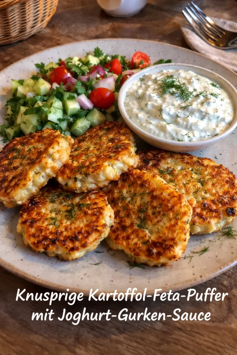 Knusprige Kartoffel-Feta-Puffer mit Joghurt-Gurken-Sauce auf einem Teller.
