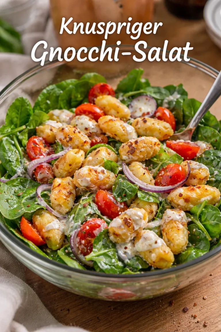 Knuspriger Gnocchi-Salat mit frischem Joghurt-Dressing serviert