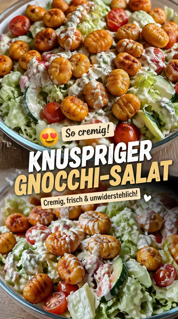 Knuspriger Gnocchi-Salat mit cremigem Joghurt-Dressing auf einem Teller