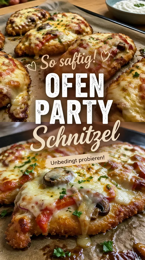 Überbackene Partyschnitzel frisch aus dem Ofen, knusprig und lecker serviert.