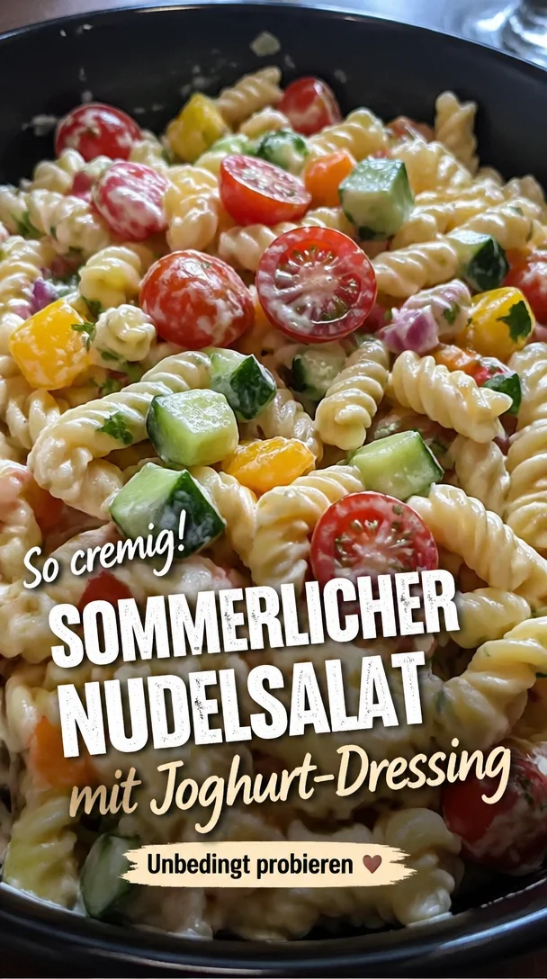 Leichter Nudelsalat mit cremigem Joghurt-Dressing auf einem Teller