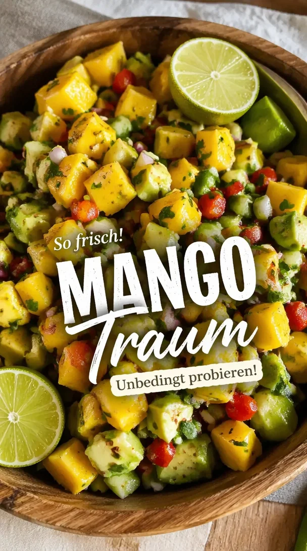 Frischer Mango-Avocado-Salat mit leuchtenden Farben und gesundem Gemüse.