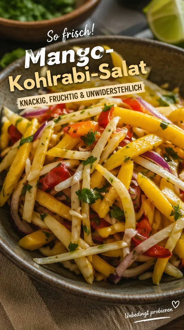 Leckere Mango-Kohlrabi-Salat mit frischen Zutaten auf einem Teller