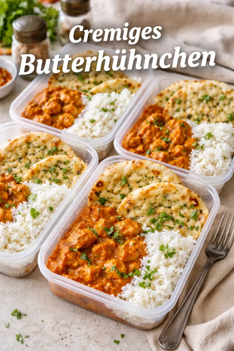 Butterhühnchen mit Reis und Knoblauch-Naan auf einem Teller serviert