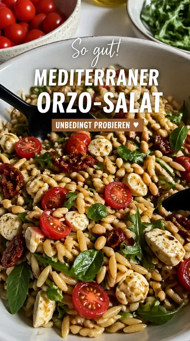 Ein köstlicher mediterraner Orzo-Salat mit frischem Gemüse und Kräutern.