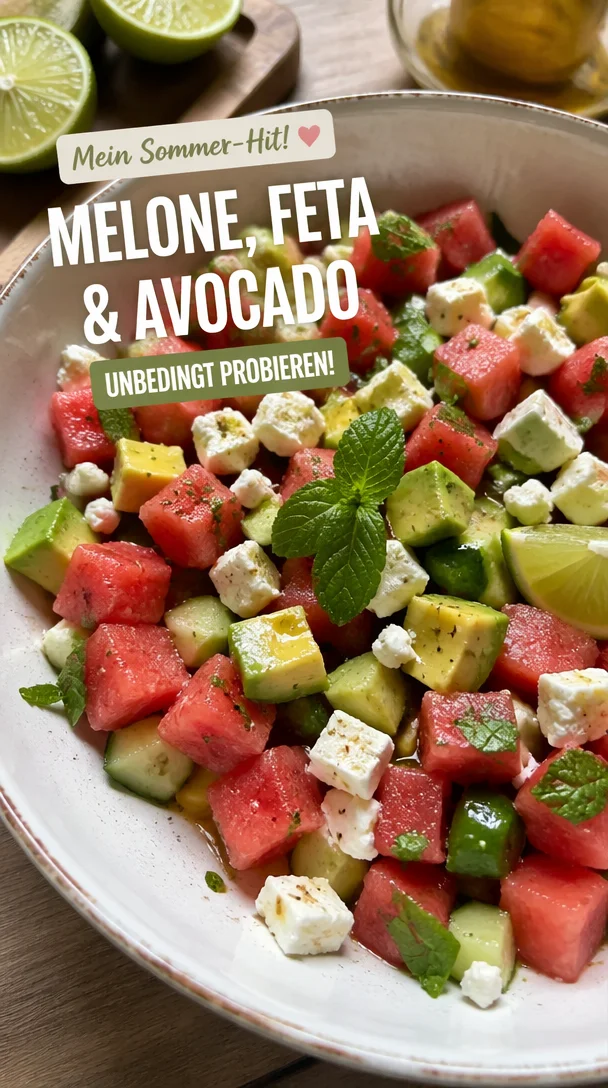 Frischer Melonen Feta Salat mit Avocado auf einem weißen Teller