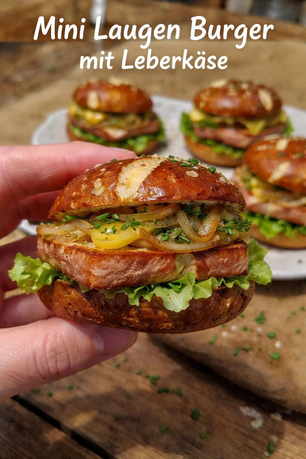 Mini Laugen Burger mit Leberkäse auf einem Teller serviert